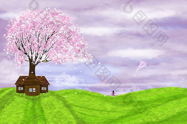 春天插图孤独的房子开花树女孩苍蝇风筝