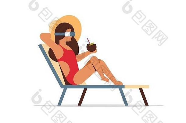 年轻的女人比基尼太阳懒人穿眼镜持有椰子鸡尾酒夏天假期概念平孤立的