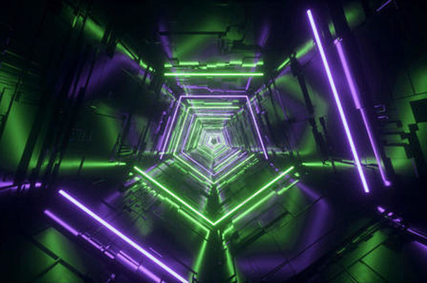 霓虹灯光紫罗兰色的绿色超五角三角形详细的sci未来主义的外星人宇宙飞船反光金属走廊隧道门空发光的引入
