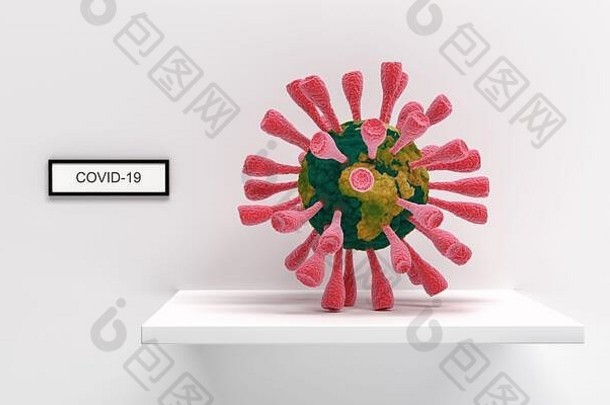 冠状病毒科维德攻击细胞地球地球科维德概念展览架子上呈现