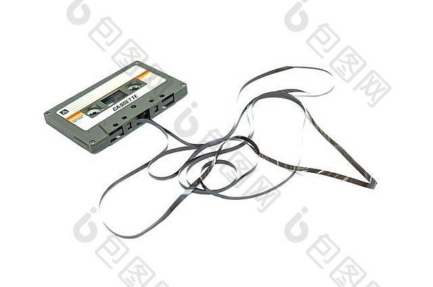 古董紧凑的盒式磁带磁带白色背景关闭集音频磁带复古的