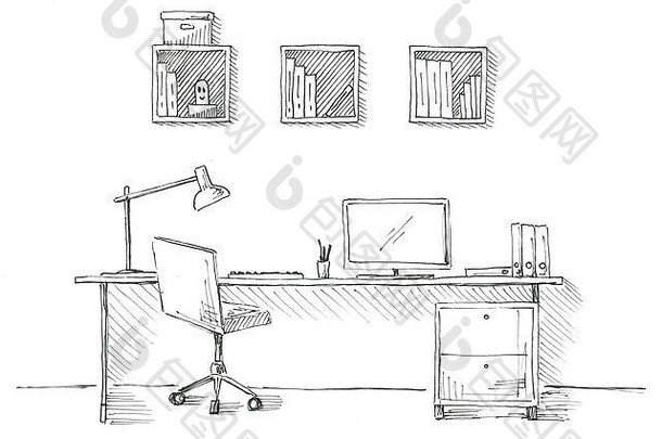 草图房间办公室椅子桌子上对象表格草图工作空间