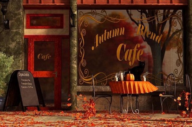 城市咖啡馆被称为秋天混合秋天彩色的叶子跳舞风人行道上前面黑色的猫坐在户外表格