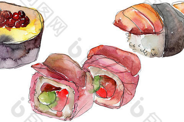 水彩寿司集美丽的美味的日本食物插图手画对象孤立的白色背景