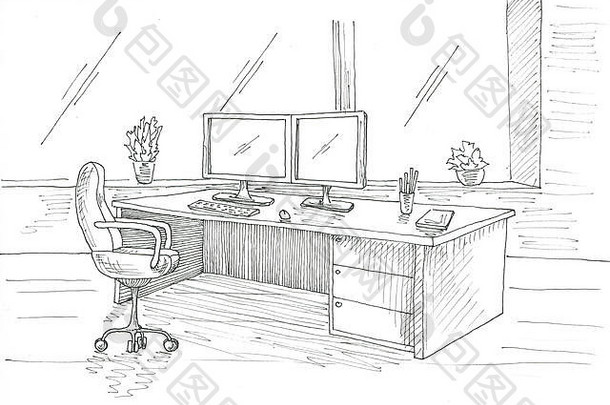 工作场所电脑桌子上办公室椅子监控草图笔
