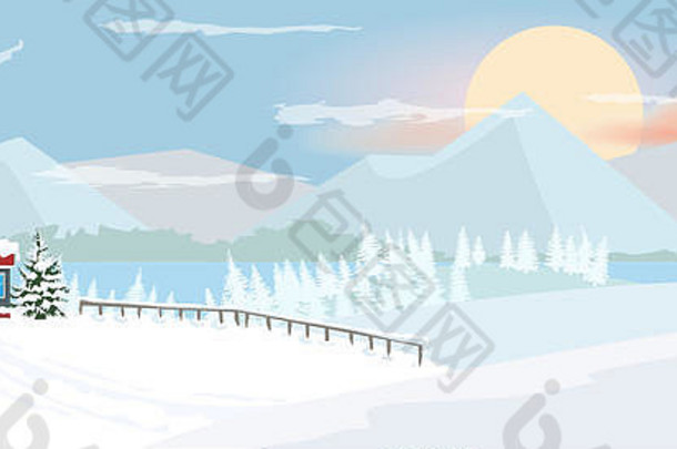 美丽的水平冬天景观山冷杉树只树雪平固体颜色插图
