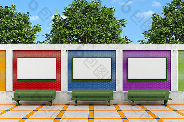 空白街广告牌色彩斑斓的砖墙绿色长椅呈现
