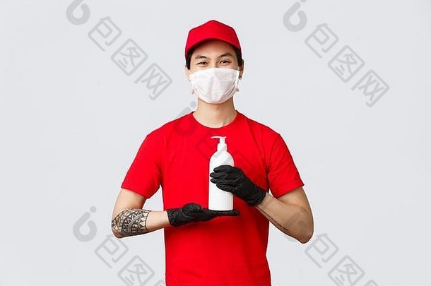 安全非接触式交付航空公司概念微笑快递医疗面具手套红色的统一的持有手洗手液建议客户保持