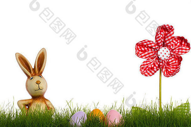 复活节兔子草布料花复活节鸡蛋白色背景