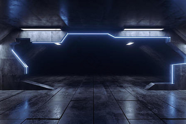 未来主义的三角形外星人宇宙飞船霓虹灯蓝色的白色发光的黑暗长大大厅走廊隧道难看的东西混凝土反光平铺的地板上元素盖茨