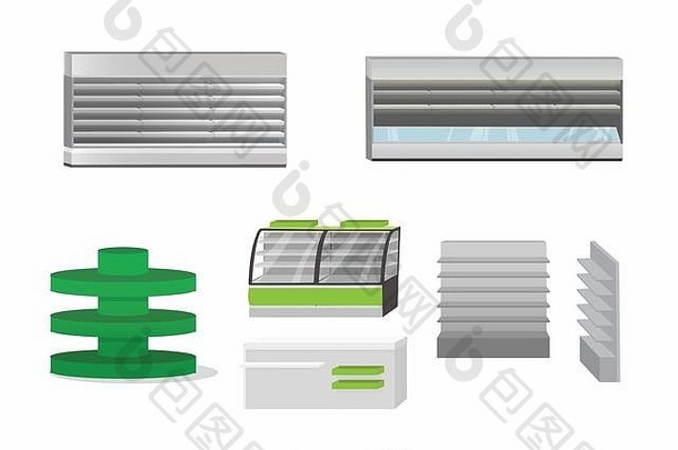 超市特写镜头灰色的绿色空家具设备设计剪纸艺术集合包括冰箱显示展示了表