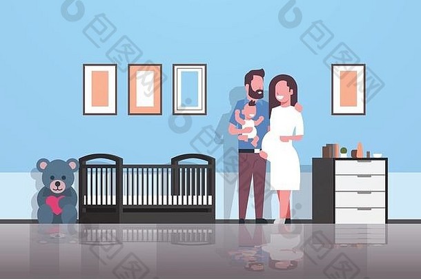 丈夫怀孕妻子持有新生儿婴儿儿子站婴儿床快乐家庭为人父母概念现代婴儿的卧室室内平完整的