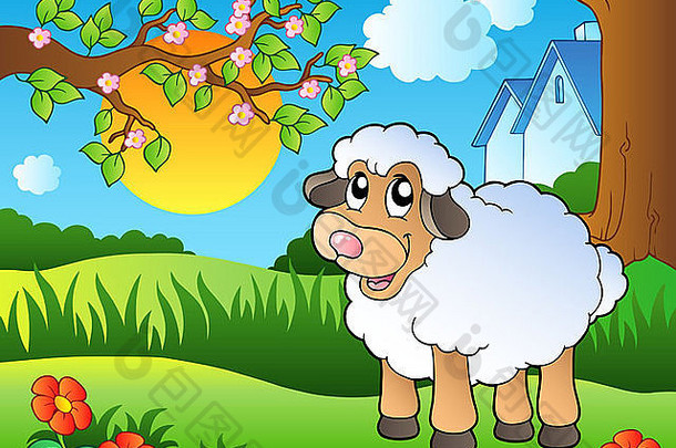 可爱的<strong>羊</strong>春天草地颜色插图