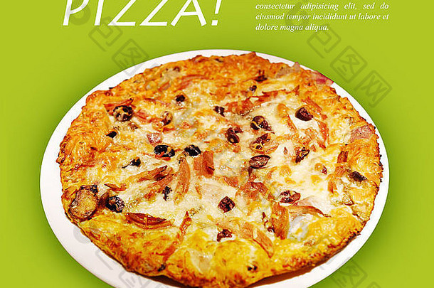 自制的薄地壳意大利辣香肠蘑菇橄榄洋葱披萨烤箱有趣的绿色背景文本