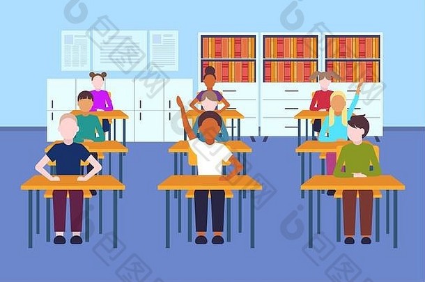 混合比赛学生坐着桌子提高手教训教育概念现代小学学校教室室内完整的长度平水平