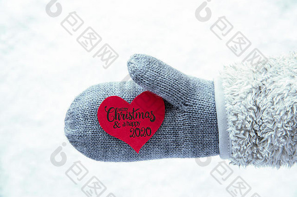 手套羊毛雪红色的心快乐圣诞节快乐