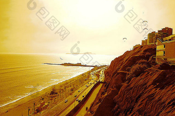 海滩de Mirafloreslima-peru强大的太阳辐射太平洋海洋岩石悬崖海滨建筑滑翔伞风景优美的锅视图