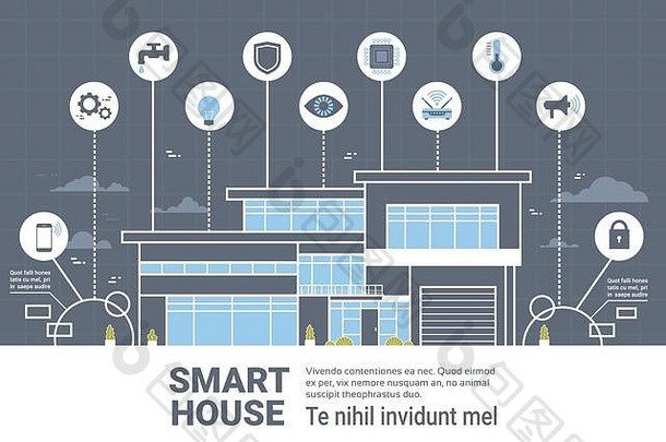 聪明的房子控制系统接口infographics现代首页技术图标横幅