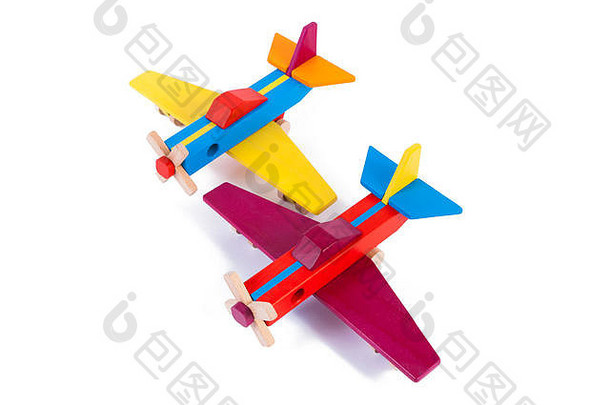 照片木多色的飞机山毛榉玩具木复古的飞机白色背景孤立的