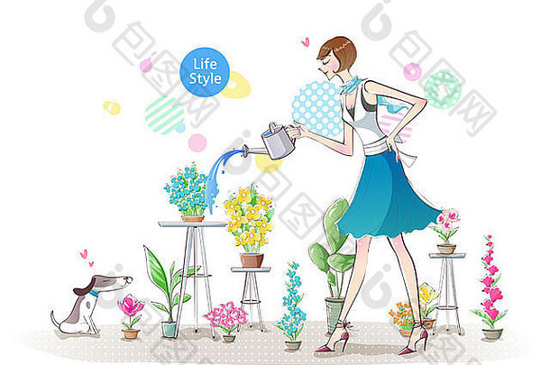 插图女人浇水花