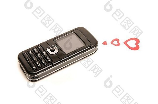成形移动电话白色背景红色的心发送爱消息