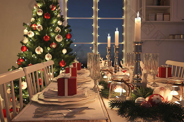 北欧厨房圣诞节装饰晚上呈现