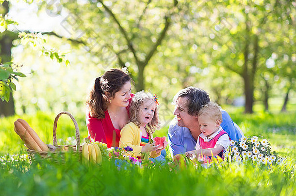 家庭孩子们享受野餐<strong>春天</strong>花园父母孩子们有趣的吃午餐在户外夏天公园