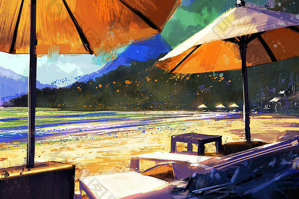 色彩斑斓的绘画太阳雨伞便鞋海滩