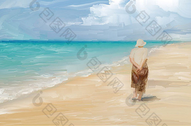 绘画女人流浪的热带海滩