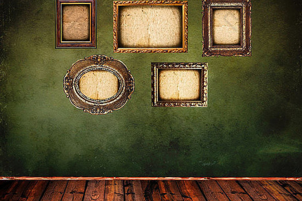 复古的房间空古董帧难看的东西绿色墙