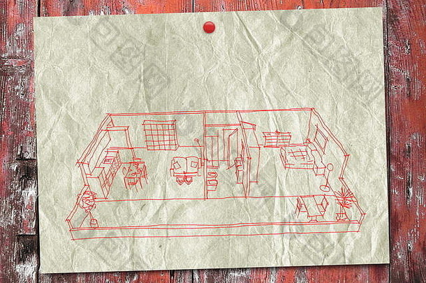 红色的徒手画的草图画有家具的首页室内公寓纸表红色的木董事会背景