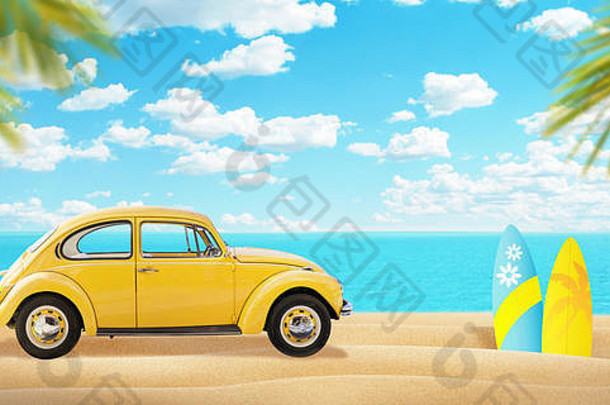 黄色的车海滩冲浪板棕榈树海背景