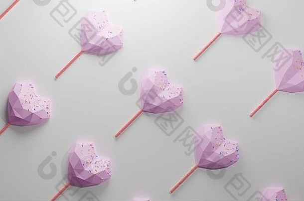粉红色的心形状巧克力糖果结束坚持棒棒糖色彩斑斓的洒一流的甜蜜的食物模式白色背景渠