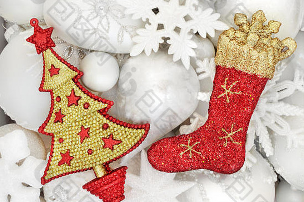 圣诞节装饰形成摘要背景白色装饰物对比树长袜传统的节日符号假期