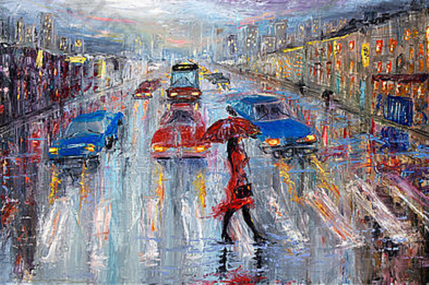 原始石油绘画显示美丽的年轻的女人红色的持有红色的伞穿越城市街帆布现代。