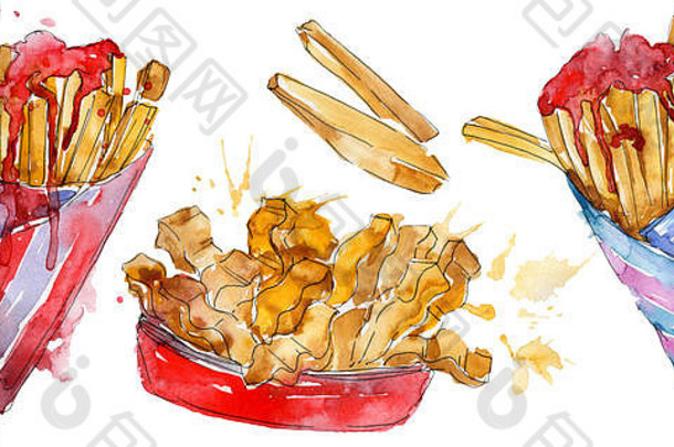 快食物法国薯条水彩风格集水瓶座食物插图背景孤立的土豆元素