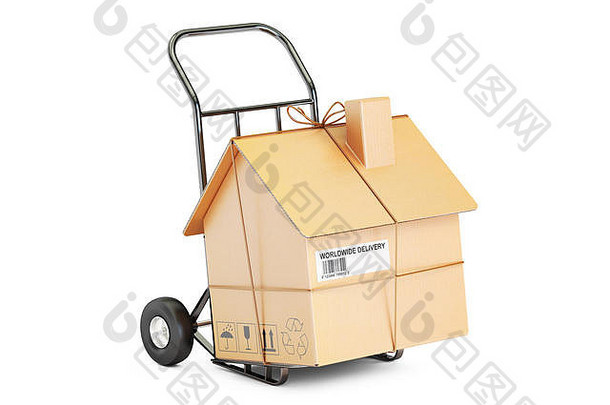 家庭移动服务概念手卡车纸板房子包裹呈现