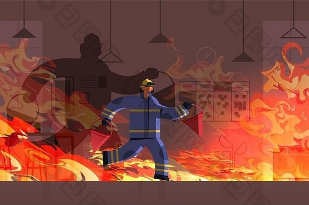 消防队员携带红色的桶消防队员统一的消防紧急服务灭火火概念燃烧办公室建筑室内橙色