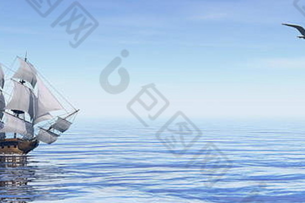 美丽的船断续器胜利浮动海洋蓝色的一天渲染