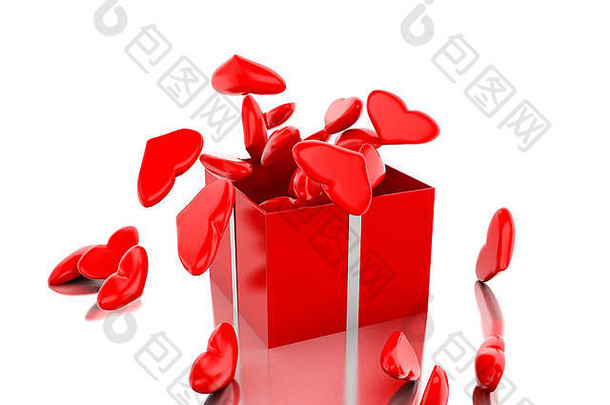 渲染器图像红色的礼物盒子心三瓦伦丁概念孤立的白色背景