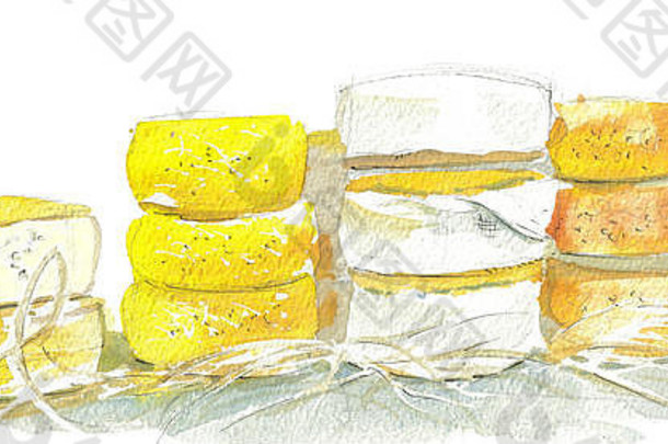 堆放成熟奶酪水彩插图