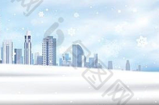 冬天背景雪城市景观水平横幅雪白色建筑蓝色的天空圣诞节概念