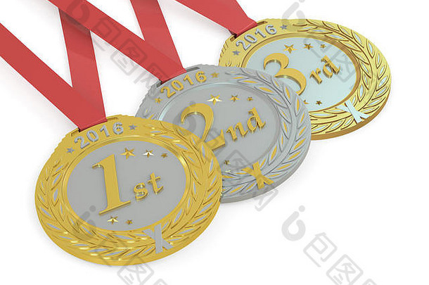 黄金银青铜奖牌呈现孤立的白色背景