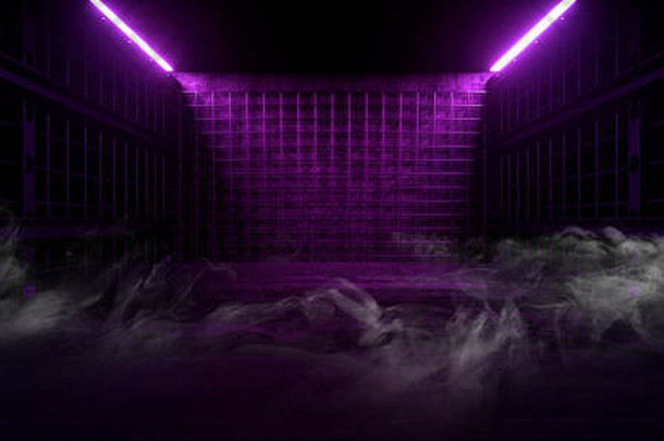 烟雾蒸汽sci未来主义的领导激光霓虹灯发光的蓝色的紫罗兰色的光工业钢线网栅栏车库房间反光空工作室