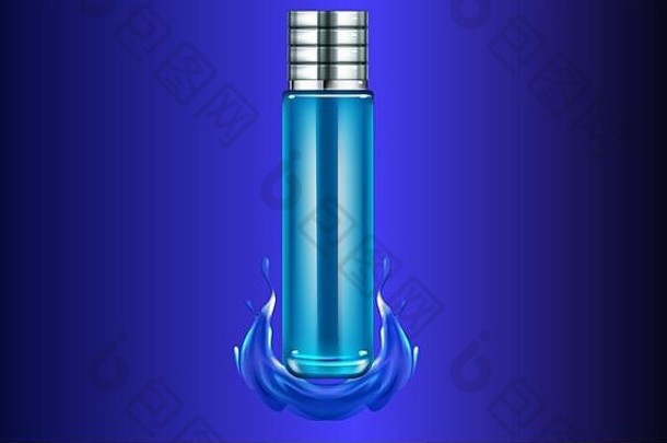 模拟插图长玻璃瓶香水蓝色的液体背景