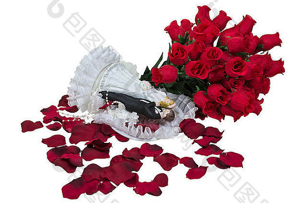 新娘新郎蛋糕高档的东西铺设花束红色的玫瑰路径包括
