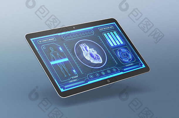 平板电脑未来主义的应用程序接口医疗科学目的人类心扫描仪渲染