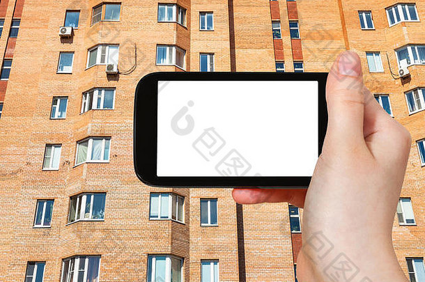 旅行概念旅游照片外观城市砖多层房子莫斯科城市智能手机空断路屏幕空白温馨的