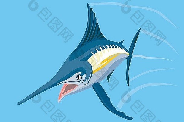 插图蓝色的马林鱼跳复古的风格