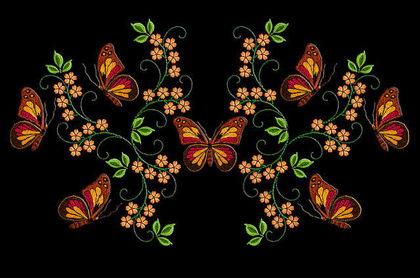 模式刺绣马特里蝴蝶黄色的花扭曲的茎绿色叶子黑色的背景